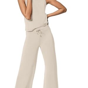 Cream Wide-Leg Pants with Drawstring Waist And Top